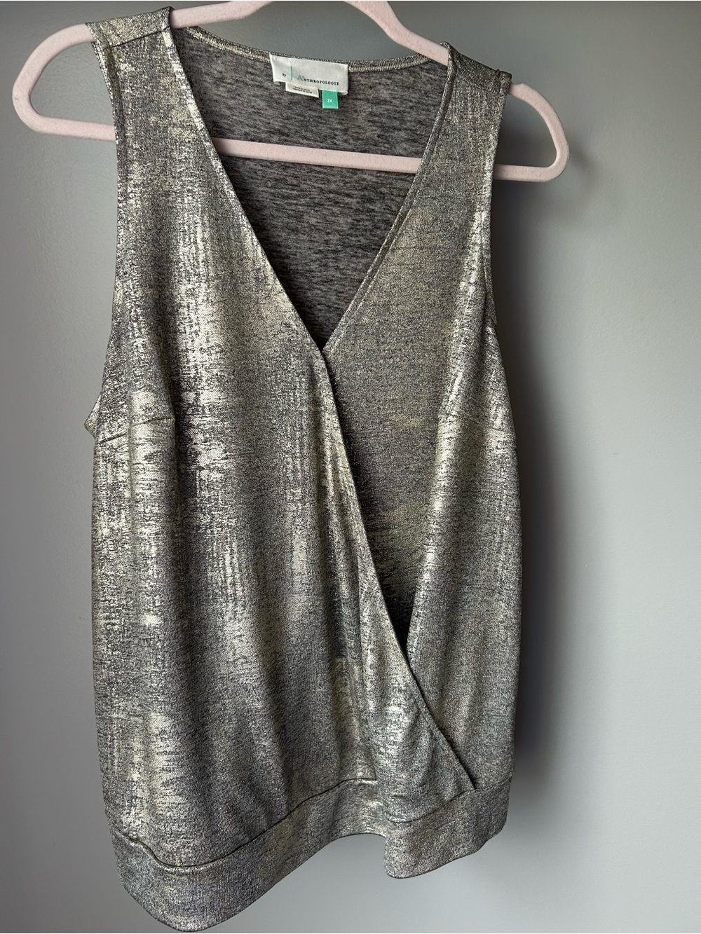 Anthropologie Metallic Silver Faux-Wrap Camisole